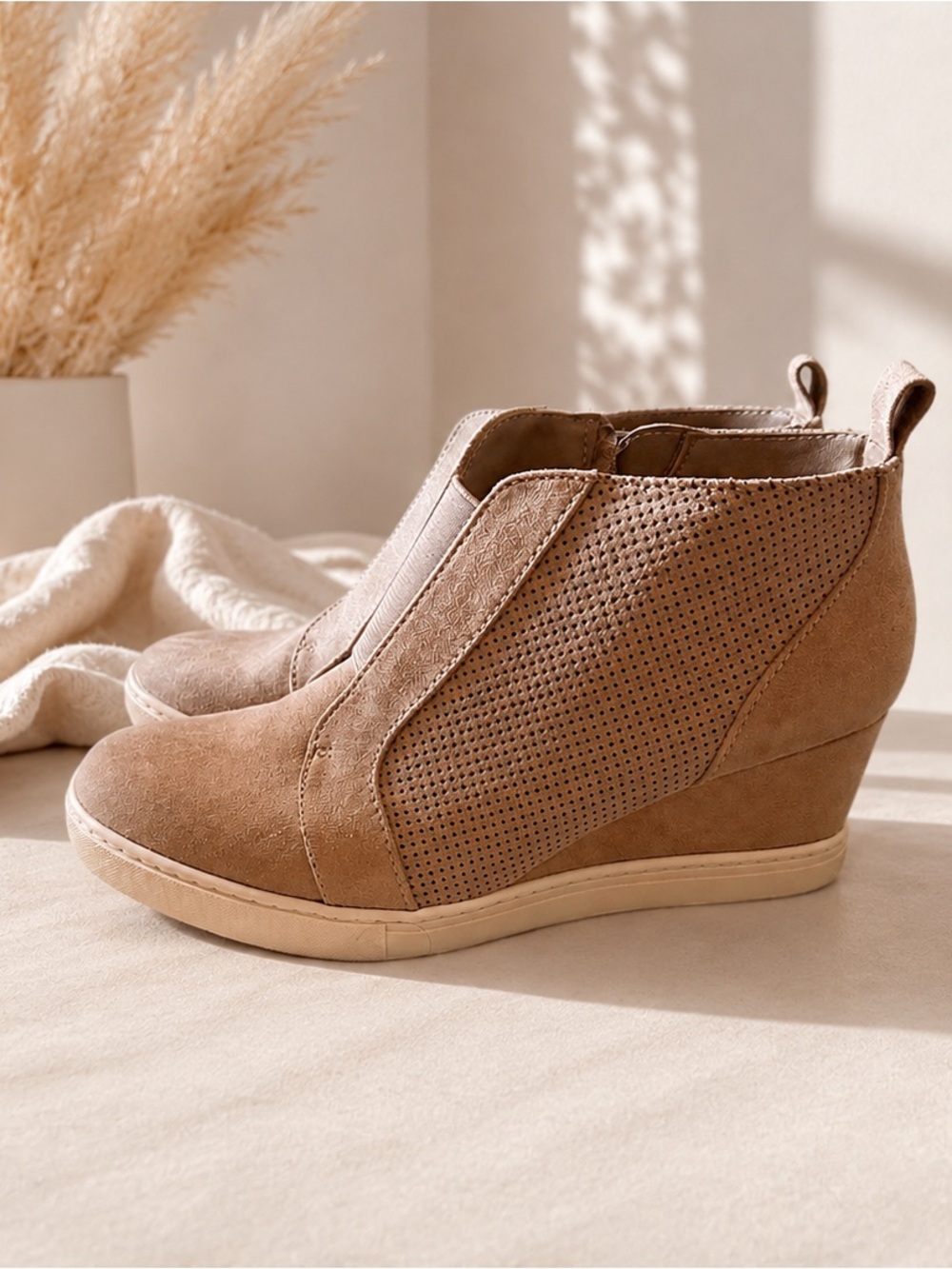 A New Day Taupe Perforated Wedge Booties